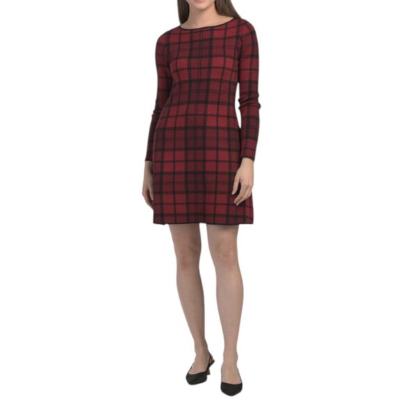 Tahari Dresses & Skirts - TAHARI Long Sleeve Plaid Mini Dress With Velvet Faux Pearl Hair Bow